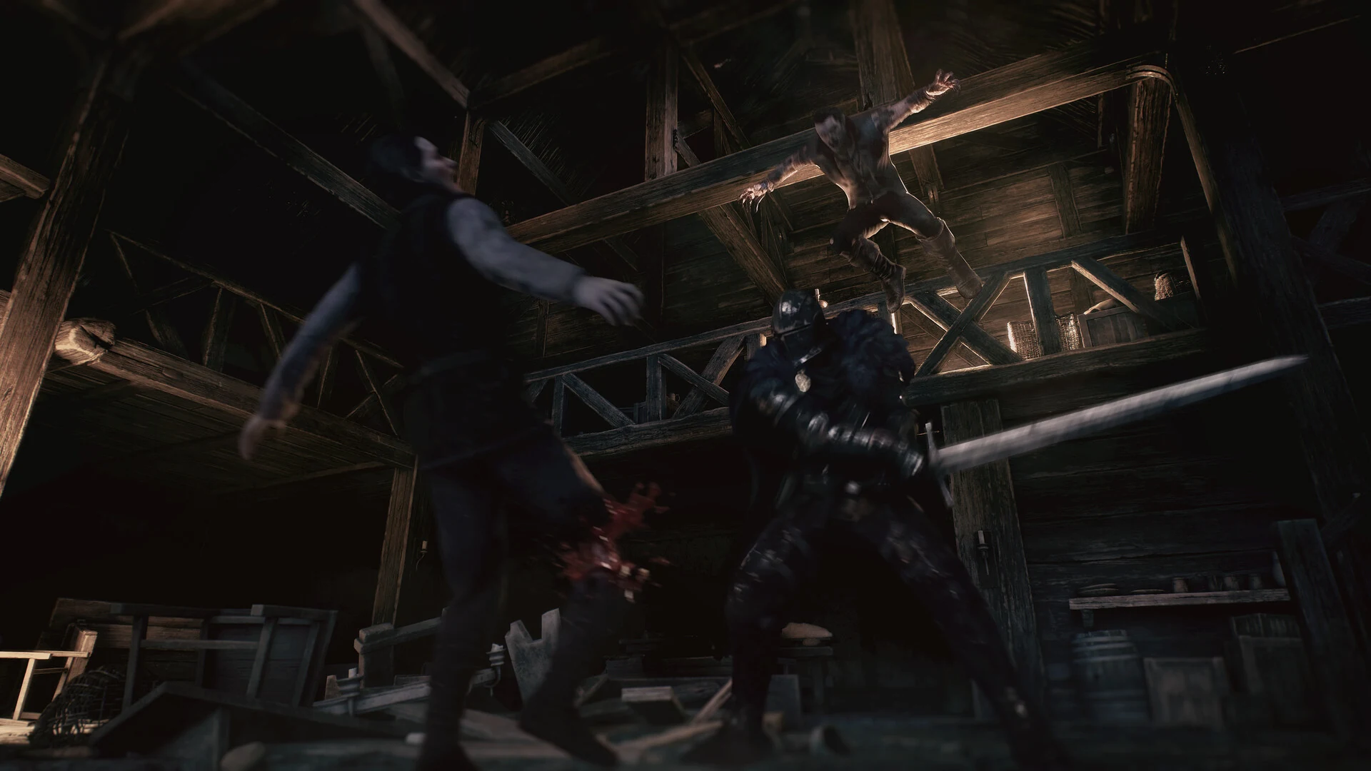 Combat inside a wooden building
