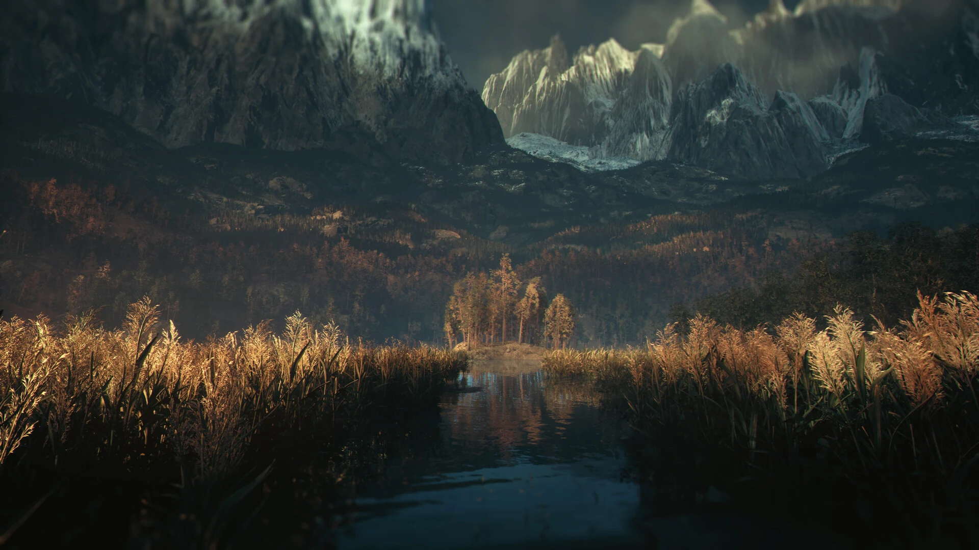 Still water beneath the mountains